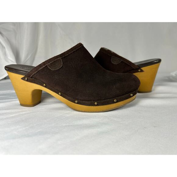 American Eagle Outfitters Suede Brown Leather Mule Clogs Sz 9 Wood Heel Bohemian - Picture 9 of 9